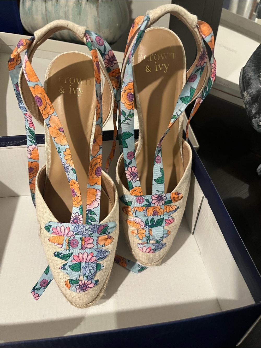 Crown & Ivy Floral Espadrille Lace-Up Wedges in Multi-Color